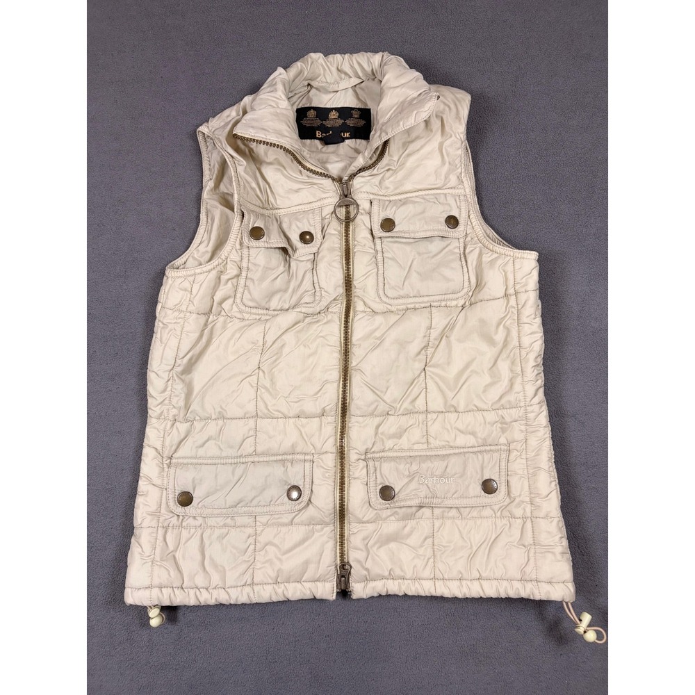 Barbour Quilted Vest Womens Size 4 Beige Full Zip Utility Pockets